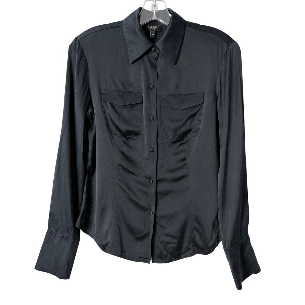 Talbots Button Down Shirt Womens 4P Black Silk Blend Long Sleeve Flap Pockets